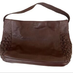 Large brown leather handcrafted by artisans woven sides shoulder bag